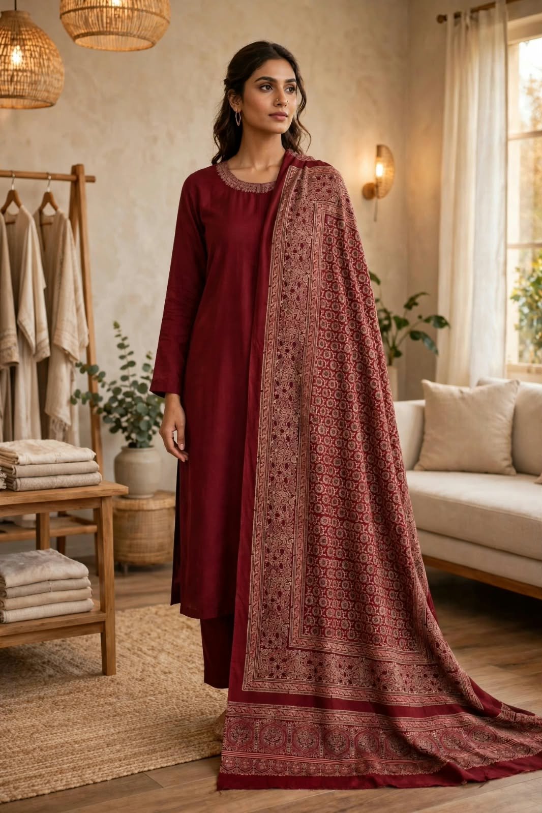 Ajrak Shawl – Maroon - Image 3